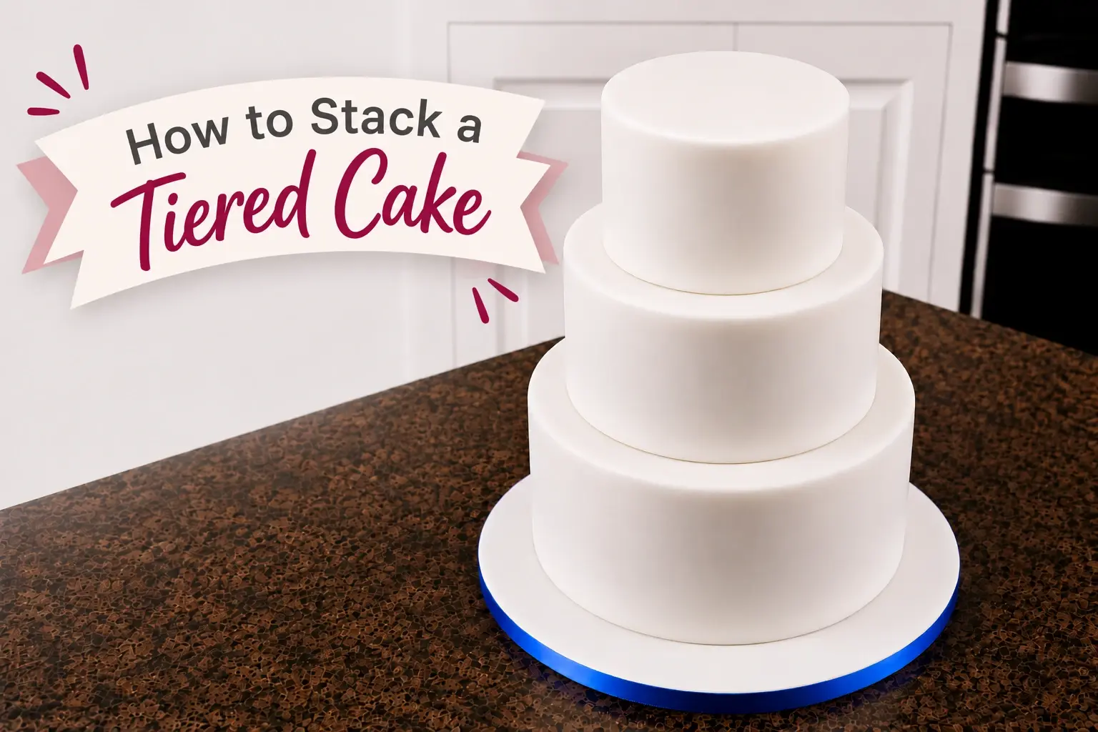 A three-tier white iced cake standing on a blue-ribboned cake drum in a kitchen, beside a banner reading How to Stack a Tiered Cake.