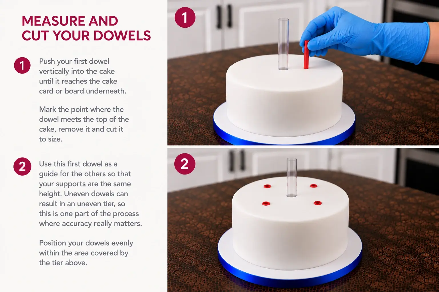 Measuring and cutting dowels: a gloved hand pushes a dowel into the bottom tier beside the central pipe, then four dowels cut to the same height sit evenly around the pipe.