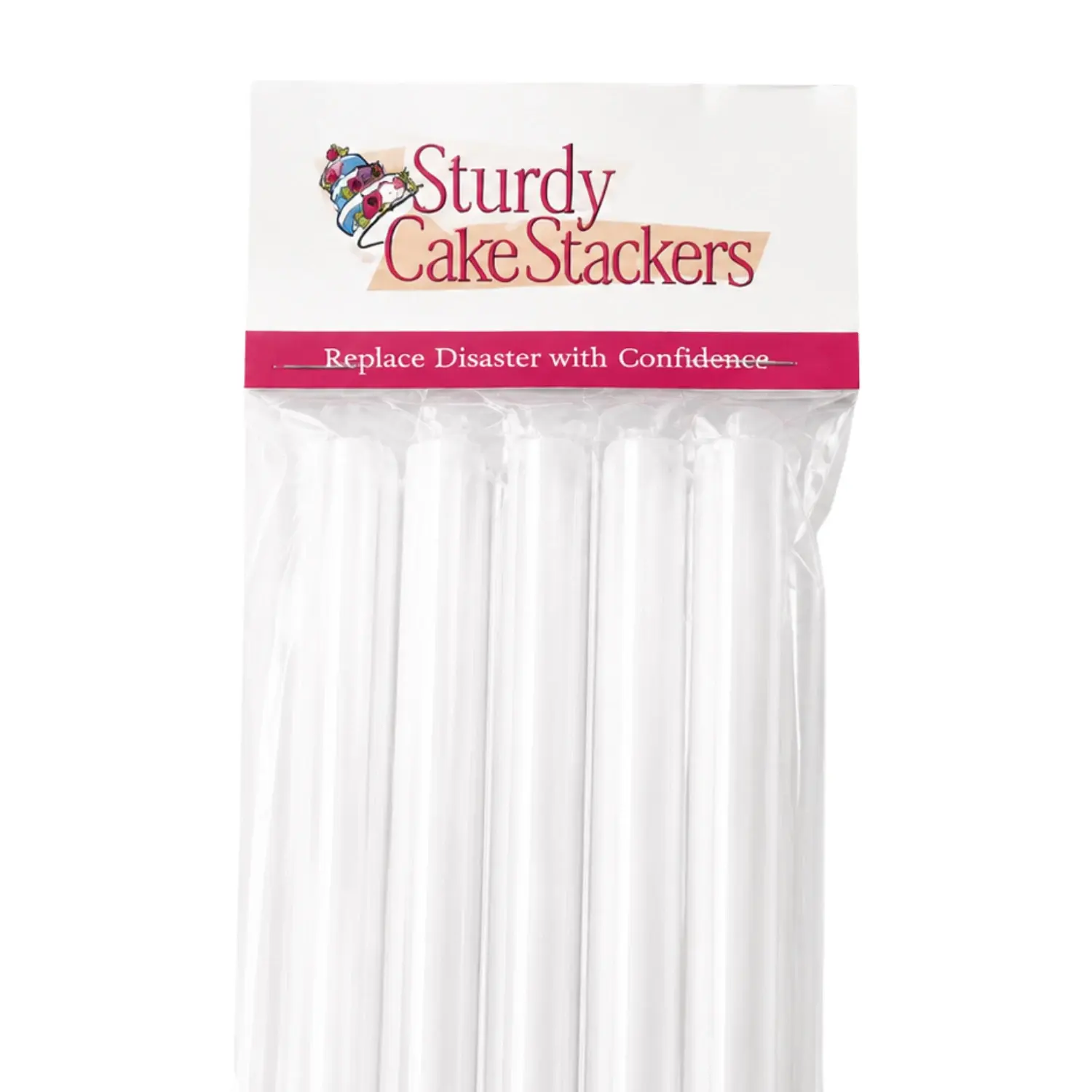A pack of Poly Dowels — clear food-safe cake dowels in a Sturdy Cake Stackers header bag