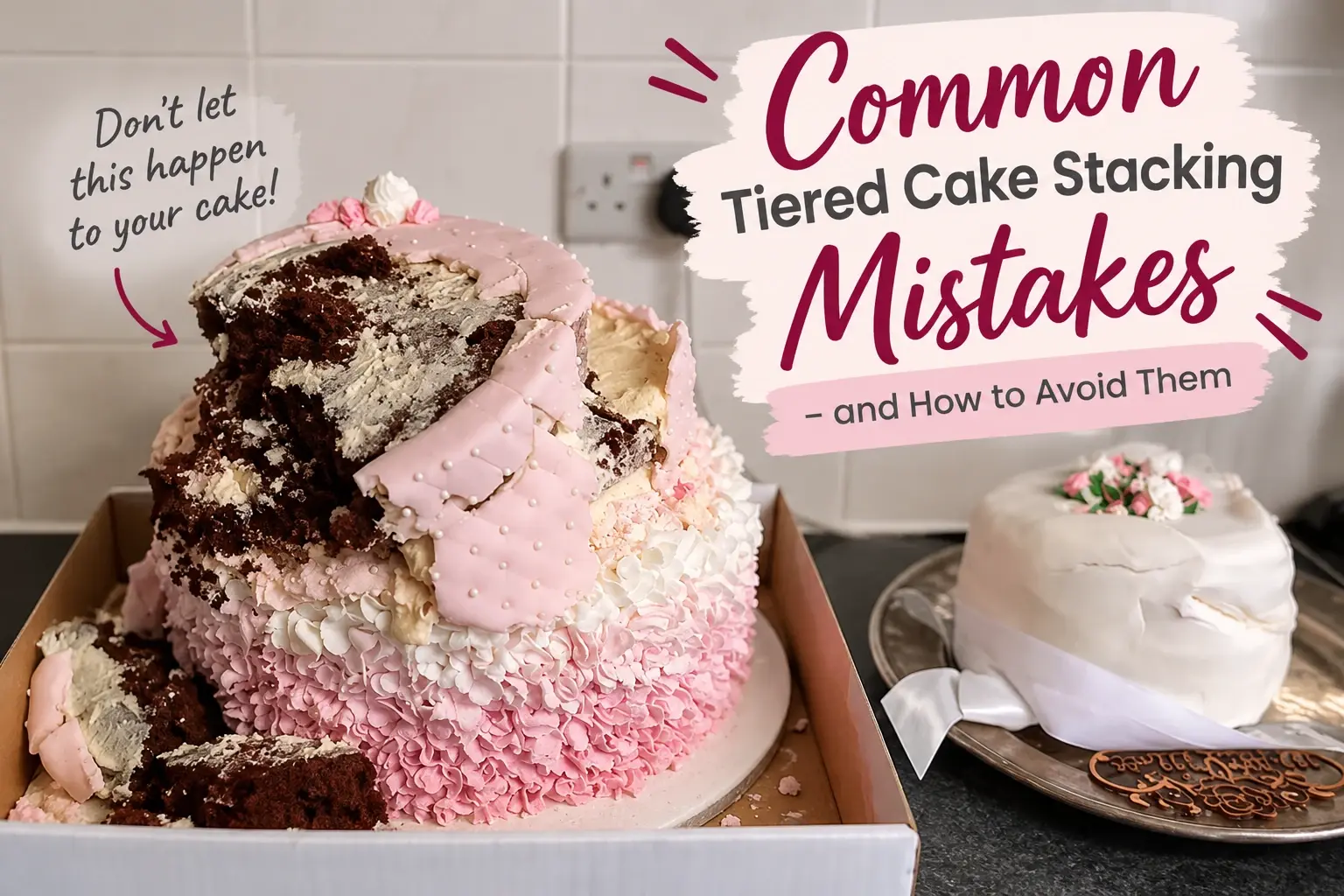 A collapsed pink and chocolate tiered cake slumped in its box with the note "Don't let this happen to your cake!", beside the heading Common Tiered Cake Stacking Mistakes – and How to Avoid Them.
