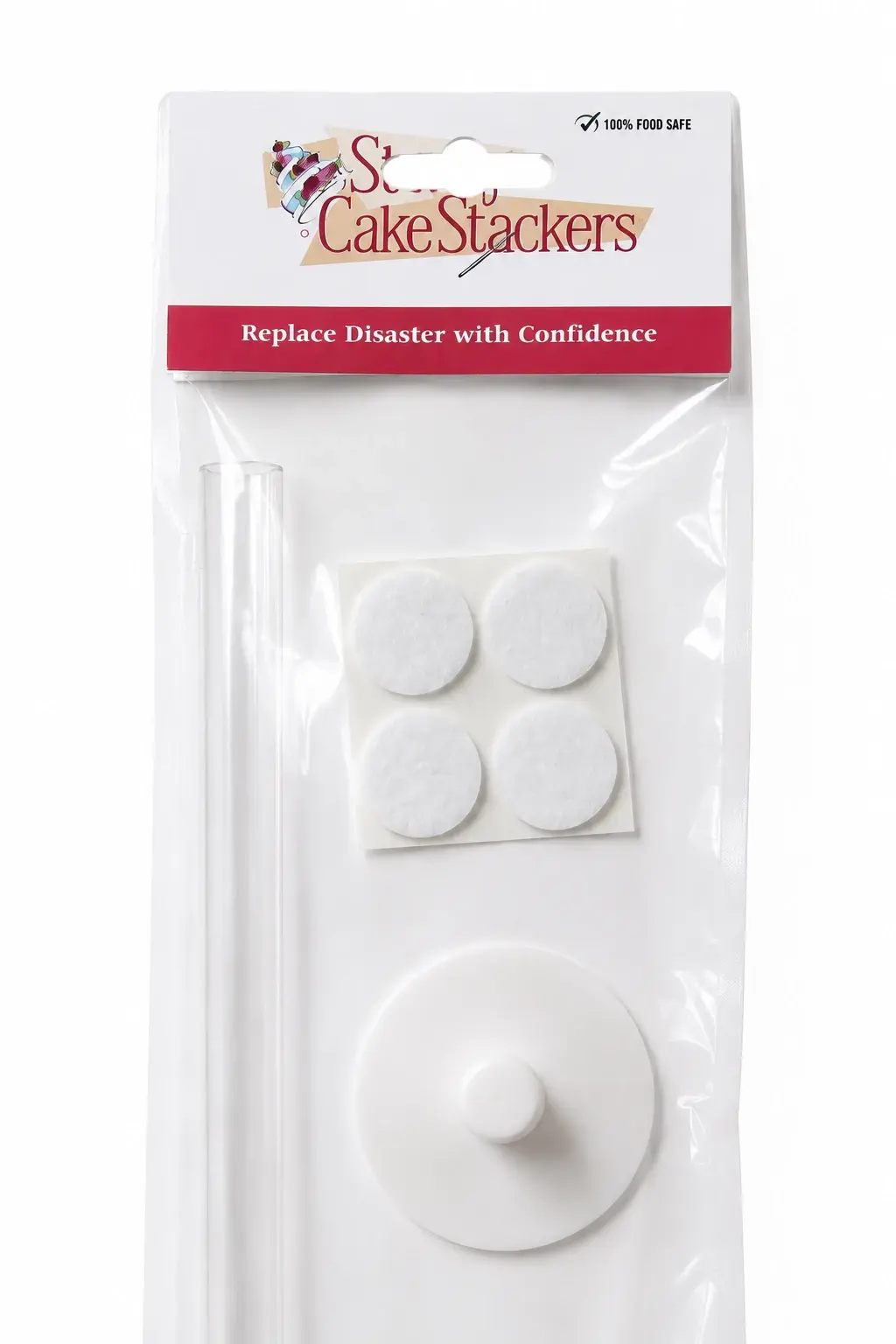 A Sturdy Cake Stacker set in its retail pack — the food-safe pipe, four stabilising pads and the support insert